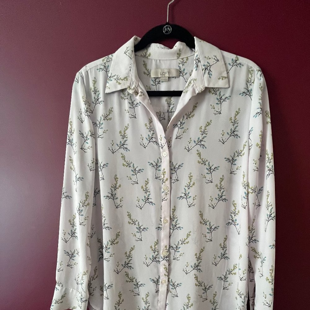 Loft: Camp shirt; blush pink with floral pattern. Size m.